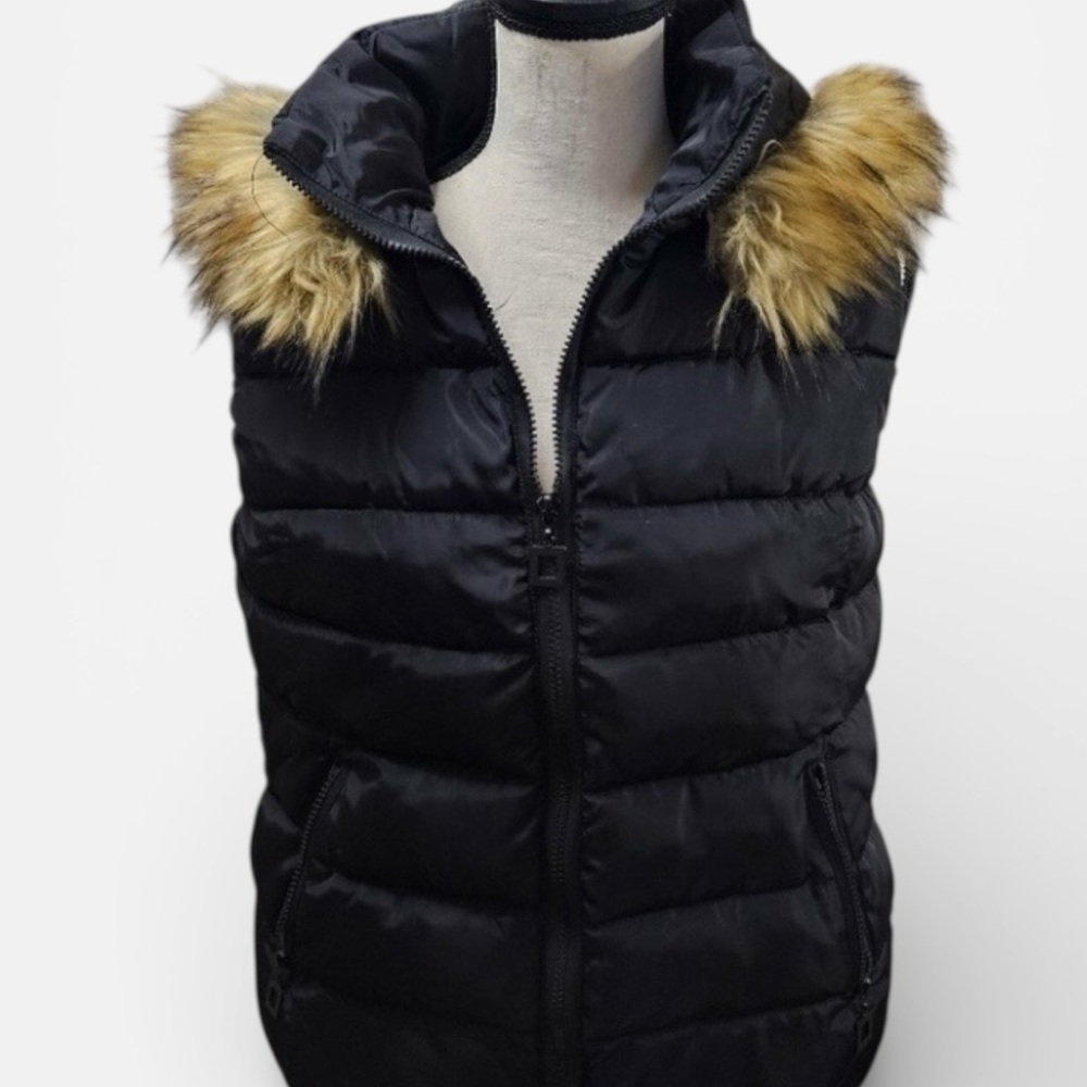 Black Puffer Vest with Faux Fur Trim with Removable Hood size XL - Picture 10 of 13